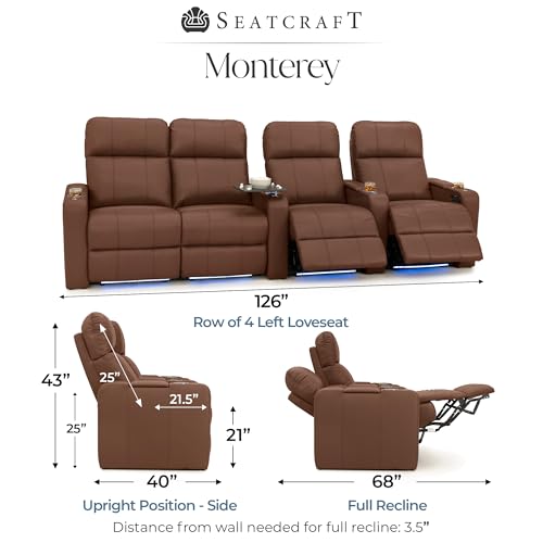 Image of Seatcraft Monterey Home Theater Seating Tobacco Row of 4 Left Loveseat | Italian Leather, Wall Hugger, Zero Gravity, Powered Headrest, Power Recline, Zero Gap, USB charging