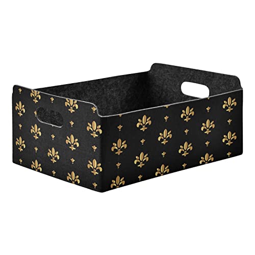 Oyihfvs Golden Black Fleur De Lis Rectangle Foldable Felt Storage Bin, Collapsible Cube with Handles Thick Fabric Box Organizer Clothes Supplies for Home Bedroom