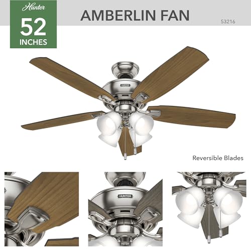 Image of Hunter Amberlin, Indoor, Ceiling Fan, Pull Chain, 52 inch, Brushed Nickel