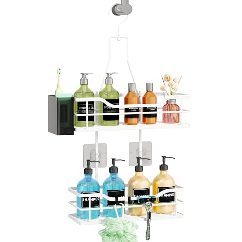 SWTYMIKI 2-Tier Hanging Shower Caddy - No-Drill Bathroom Shelf Organizer with 360° Swivel Top Hook & 4 Hooks, Adjustable Bathroom Storage Basket for Shampoo, Shower Tidy, White