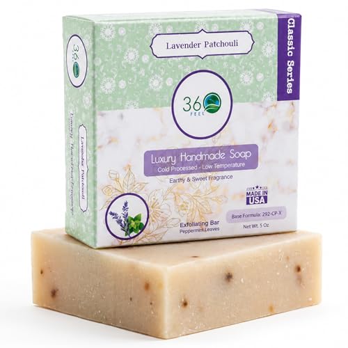 Image of 360Feel Lavender Patchouli Soap - Made in the USA - Castile Handmade, All-Natural, Cold-Processed - Infused with Lavender & Patchouli Scent for Relaxation & Calm - Creamy Lather (5 oz) | Made in the USA, Cold-Processed, Lavender & Patchouli Relaxing Scent, Moisturizing with Rich, Creamy Lather