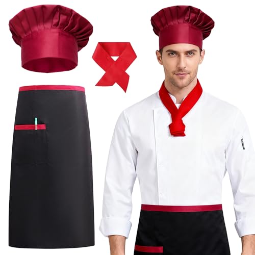 Costume de chef Hibachi pour Homme Femme, Accessoires pour Halloween, Tablier Cuisine Noir avec Poche, Toque de Cuisinier Rouge Cravate Ajustable, Cravate de Boulanger pour Adultes Carnaval Cosplay