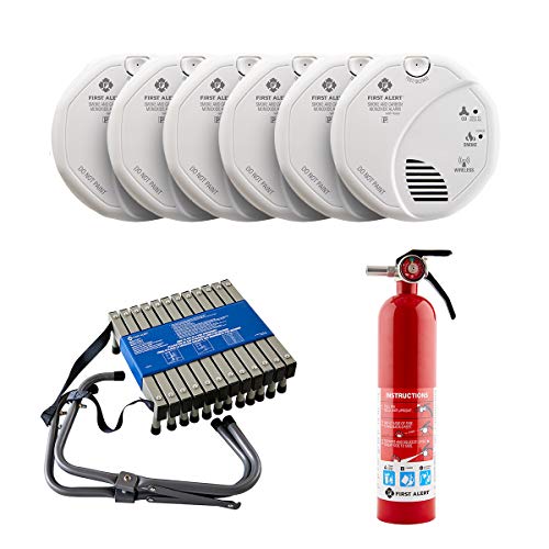First Alert SCO501CN-3ST Battery Operated Smoke and Carbon Monoxide Detector with Voice Location 6-Pack, with Home Fire Extinguisher and Fire Escape Ladder