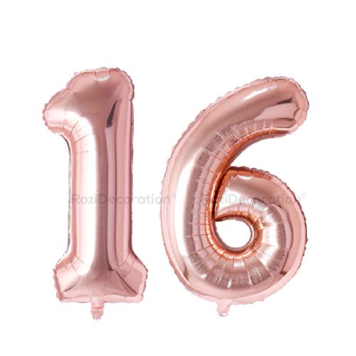 Image of Rozi Decoration 16 Inch Rose Gold Colour 16 Number Foil Balloons with Helium Supported | 16th Birthday Decoration Items | 16 Anniversary Decoration | 16 Balloon Number Pack of 2 Pcs