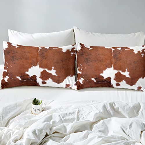 Erosebridal Cow Print Bedding Set Twin, Brown White Cowhide Comforter Set, Farmhouse Animal Hair Bedding Set For Kids Teens Adult Milk Western Cowboy Rustic Duvet Set Home Room Decor #TOP3