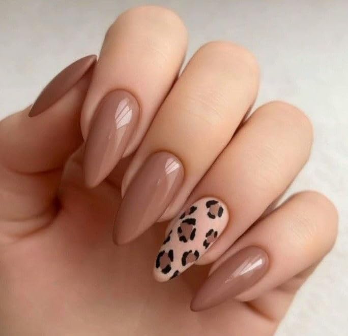Set Of 14Pc, Press-On Nails, Glossy Bown And Nude With Black Leopard Print Design, Long Almond Shape, Nail Extensiona With Free Glue Kit