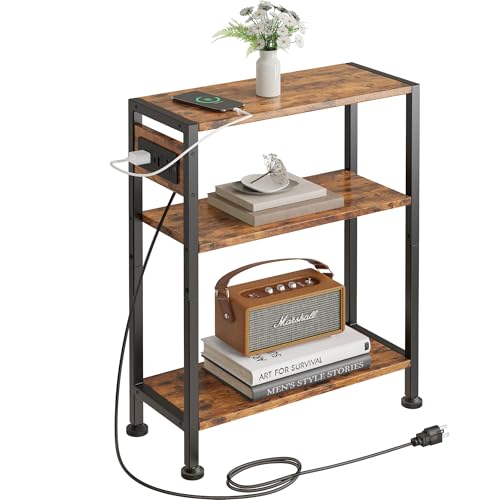 Vantimo End Table with Charging Station, 3-Tier Side Table for Small Space, Skinny Nightstand with USB/Type C Port and 2 Outlets, Slim Beside Table for Living Room, Bedroom, Balcony, Rustic Brown