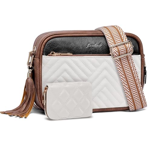 Crossbody Bags for Women Shoulder Handbags: Quilted Wallet Set Vegan Leather Purses with Tassel Adjustable Guitar Wide Strap Black-White-Brown