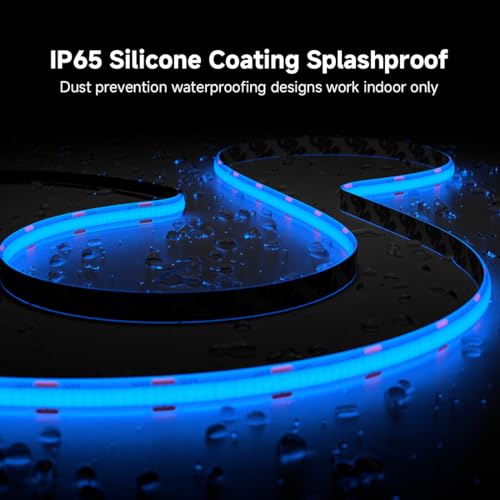 Image of BTF-LIGHTING FCOB IP65 Waterproof Blue Color COB LED Strip 16.4FT DC12V 480LED /m 8mm Width Flexible High Density CRI 90+ Dimmable LED Light for Home Indoor Decor(No Controller or Adapter)