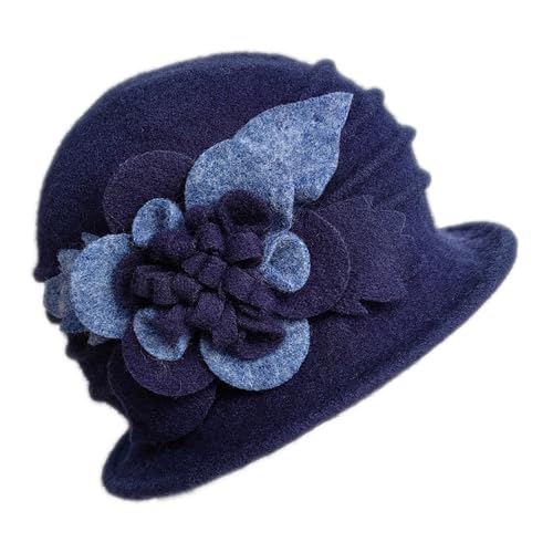 Women's Winter Warm Wool Beret Beanie Cloche Bucket Hat 1920s 50s Hats of (Navy, One Size)
