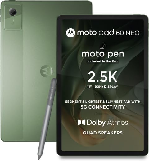 Motorola Pad 60 Neo 5G Tablet (Pantone Bronze Green, 8GB RAM, 128GB Storage) | 11-inch 2.5K 90Hz Display, Quad Speakers Dolby Atmos, Moto Pen, 7040 mAh Battery, 20W Fast Charging, Wi-Fi + 5G Calling
