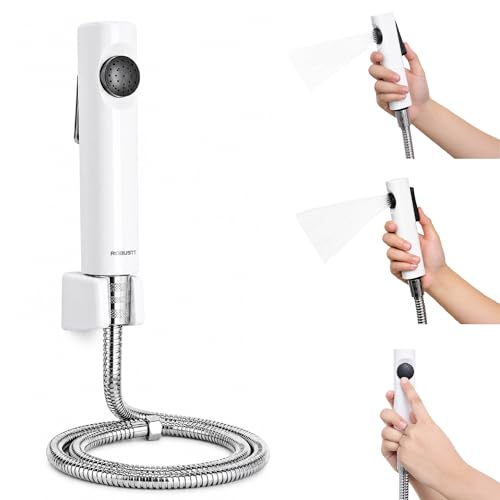 Image of Robustt Health Faucet for Toilet ABS Jet Spray Gun (White) with 1.2 m Premium 304 Stainless Steel Hose & Wall Holder | One-Press Water Control, Anti-Rust Body, Leak-Proof | for Bathroom and Cleaning