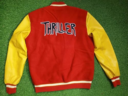 Hifa MJ King of Pop Thriller Red Wool Yellow Leather M Logo Varsity Letterman Rock Star Bomber Jacket4