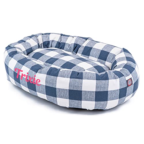 Image of Majestic Pet Anderson Check Personalized Bagel Dog Bed | Donut Style Pet Bed with Custom Embroidered Pet Name | Various Fonts and Thread Colors Available (Large, Navy Blue)