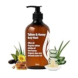Tallow & Honey Body Wash,Tallow Body Wash with Grass-Fed Tallow,Aloe Vera,Organic Olive Oil,Organic Jojoba Oil and Honey,Natural Moisturizing Formula,Soothes Dry,Gentle Cleansing for Men & Women,10 Oz