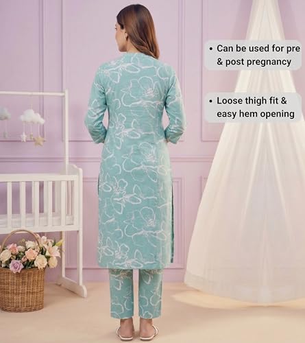 Image of DUMMY SHAPE Feeding Kurtis for Women Cotton Blend | Floral Kurta Pant Dupatta Set with Nursing Zippers to Pre & Post Partum | Maternity Dresses | Mom to Be Gifts for Pregnant Woman
