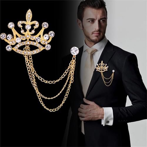 Image of coadipress Crown With Hanging Chain Brooch for Women Men Elegant Gentlemen Gold Silver Crystal Crown Lapel Pin Vintage Rhinestone Wedding Brooch Suit Shirt Pin Accessories
