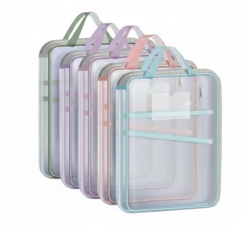 Image of Thickened Mesh Document Bag Folder, Waterproof A4 Size File Organizer with L-Shaped Zipper, 3-Layer Separation, Transparent Storage Pouch with Pastel Trim, 23.5x31x4cm