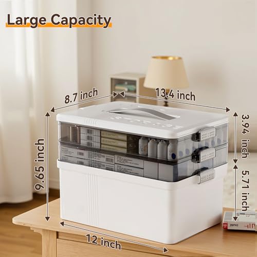 Gifhomfix 3 Tier Medicine Cabinet Organizer Large Capacity Medicine Organizer, Portable Medicine Box with Handle, Multipurpose Medical Box with Removable Tray, First Aid Boxes Empty, White