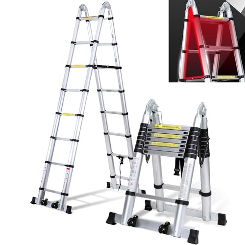 Cecaylie Échelle télescopique pliable de 5 m (2,5 + 2,5), en aluminium, avec double poulie amovible, charge maximale : 150 kg, extensible, antidérapante,...