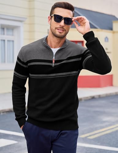 Men Striped Sweater Golf Pullover Mens Casual Sweater Turtleneck Shirts Multi-Color Striped Tops Winter Thermal Sweater Slim Fit Sweaters Polo Sweater Dark Grey Black - Image 4
