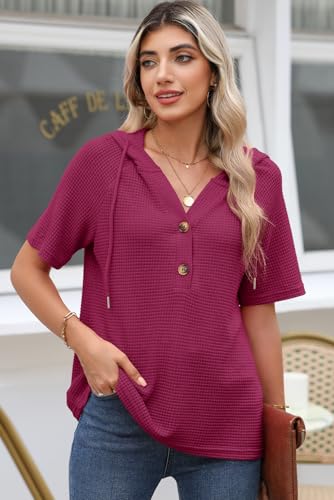 Image of Dokotoo Womens Summer Tops Waffle Knit Short Sleeve Lightweight Drawstring Hoodies Button V Neck Casual Blouses Shirts