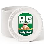 JOLLY CHEF Compostable Heavy Duty Paper Plates, 9 Inch [150 Pack] Disposable White Paper Plates Made of Bagasse Biodegradable Bulk for Party Dinner