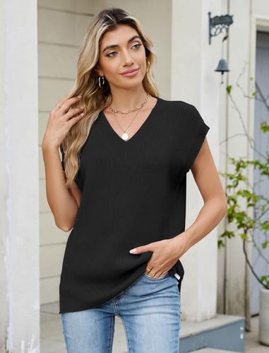 ZAFUL Womens V Neck Sweater Vest Cap Sleeve Oversized Ribbed Cable Knit Casual Loose Tank Top Pullover3