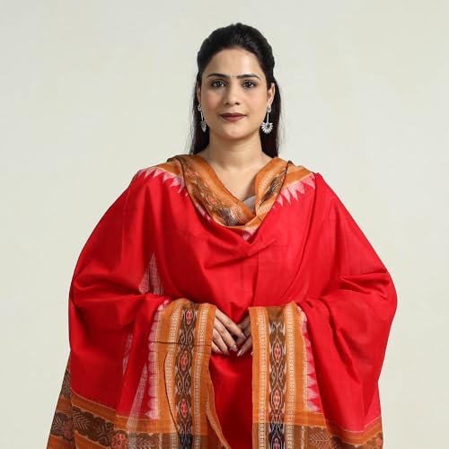 Image of Cotton Dupatta with weaving and Ikat woven border from the Weavers Stole for Girls & Women