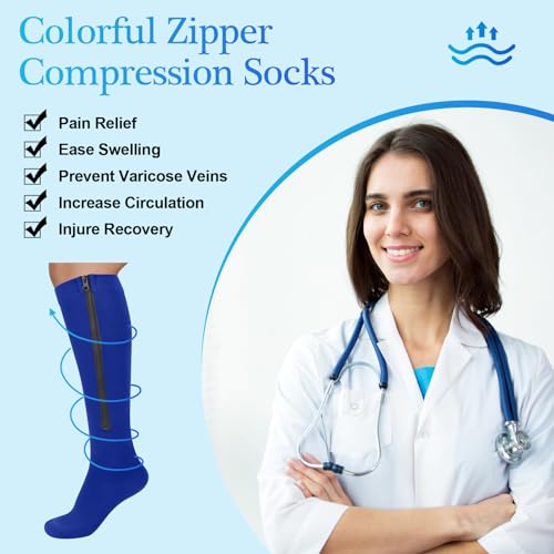Image of Tarpop 4 Pairs Men Zipper Compression Socks Colorful 20-30mmhg Compression Stockings with Zipper for Men Women Swelling Edema