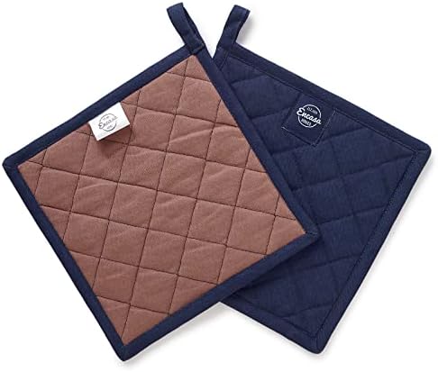 Encasa XO Heat Resistant Cotton Pot Holders with Hanging Loop - Set of 2 - Scotch Blue - Multipurpose Quilted Everyday Hot Pad for Kitchen, Camping, BBQ & Microwave - 8x8 in
