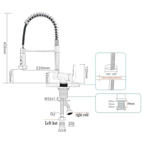 Robinet de cuisine rabattable douchette mitigeur inox 304 rotatif 360