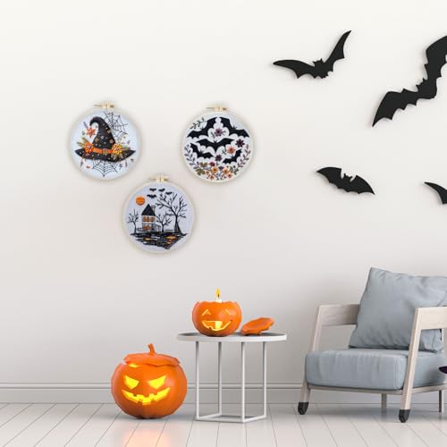 Image of LB Halloween Embroidery Kit for Beginners Adults, 3 Sets Hand Embroidery Starter Kit with Gothic Bat Pattern and Instructions Stamped Cross Stitch Kits Include Embroidery Hoop Needles Threads Scissors
