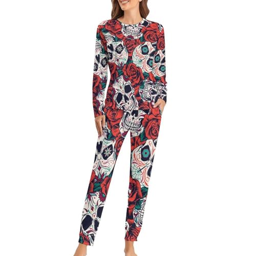 Pyjama crâne femme avec tee-shirt manches longues et pantalon sleepwear imprimé roses