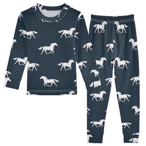 Pajama Sets Long Sleeve White Horses on Navy Soft Comfy Sleepwear 2 Piece PJS 3-8T