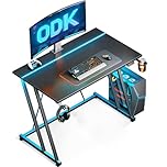 ODK Gaming Desk with LED Lights, Gaming Table with Cup Holder and Headphone Hook, Double Z Frame Design Computer Desk Carbon Fiber Black 80 cm