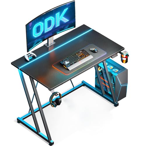 ODK Bureau Gaming LED, 80 x 50 cm Bureau Gamer, Table Gaming avec Porte-Gobelet et Crochet pour Casque D'écoute, Fibre de Carbone Noir