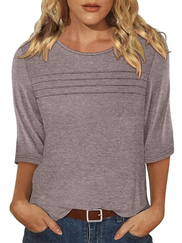 KISSMODA Women's Casual 3/4 Sleeve T-Shirts Round Neck Cute Tunic Tops Basic/Pleated Summer Tops Trendy Spring Blouses