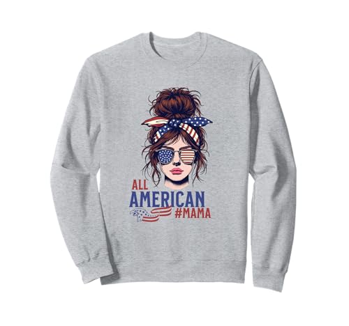 American Mama Messy Bun Hair Glasses Mom USA Flag Patriotic Sudadera