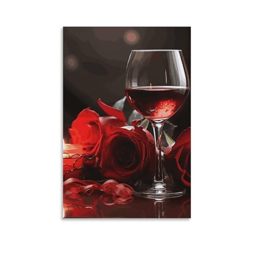 Toile murale moderne verre à vin et bougie rouge rose, idée cadeau pour intérieur chic