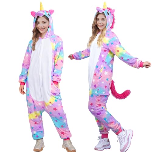 Erwachsene Einhorn Onesie Kostüm Einteiliger Schlafanzug Jumpsuit- Tier Pyjamas Einhorn Schlafoverall Kleidung Plüsch Sleepwear Overall für Damen...