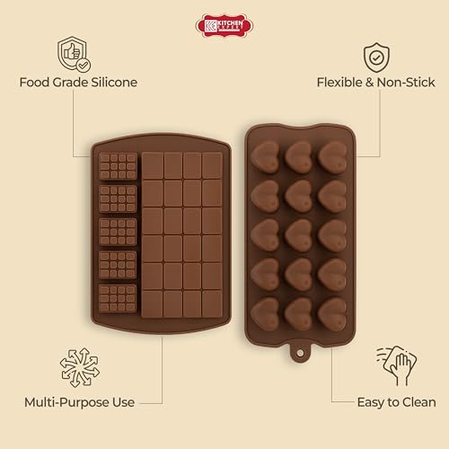 Image of Kitchen Expert Silicone Chocolate Moulds | Set of 2 | Flexible, Non-Stick Chocolate Making Molds for Candy, Jelly & Ice | Reusable Baking Trays | Perfect for Homemade Chocolates, Candies & More