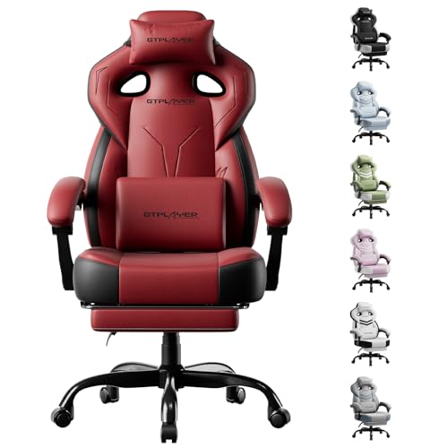 Image of GTPLAYER Gaming Chair for Adults, Ergonomic High Back Chair with Footrest | Big & Tall Computer Video Gaming Chair, Comfort Wide Seat with Lumbar Support for Big /Tall, Office /Home, Leather, Wine Red