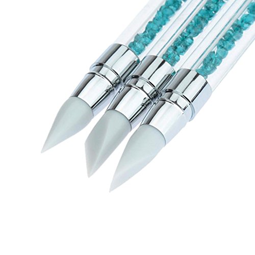Wokoto 3 Pcs Set 2 Ways Silicone Nail Art Acrylic Pen Brushes Set Blue Rhinestones Design Sculpture Carving Brush For 3D Effect Shaping Drawing Dotting Tools #TOP2