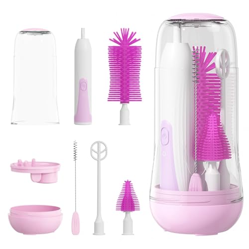 Image of Electric Baby Bottle Brush Set, Rechargeable Soft Silicone Bottle Brush Cleaner, Electric Bottle Cleaning Brushes with Infrared Sterilizer Storage Box, Portable Baby Bottle Brush for Travel (Purple)