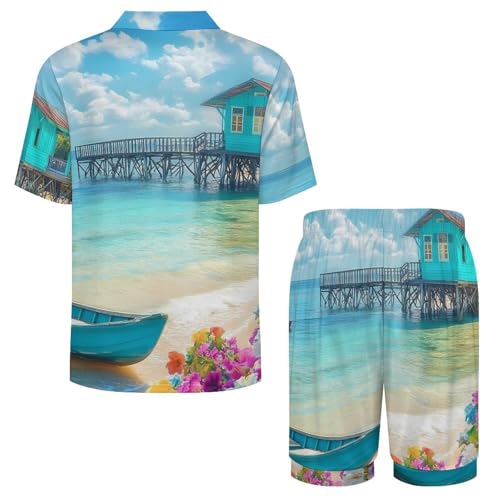 Landscape Beach Sail Boat Mens Pajamas Set Short Sleeve Shirt And Shorts Sleepwear PJ Sets Loungewear 6
