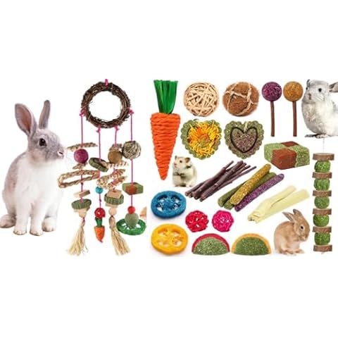 YIXUND Bunny Chew Toys, Rabbit Toys Natural Timothy Hay Sticks Apple Wood Sticks Chinchilla Toys for Teeth Care Handmade Cover