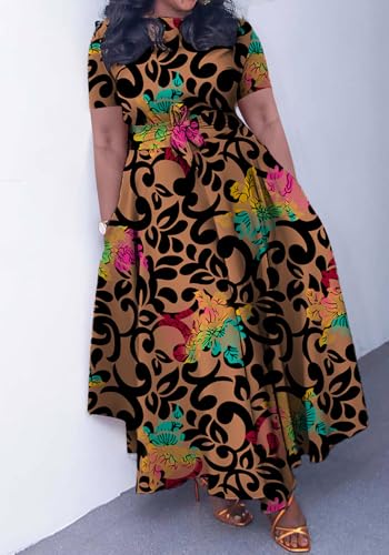Casual Plus Size Maxi Dress for Women African Print Long Dress Short Sleeve Flowy Ruffle Dress with Belt 2025 Fashion2