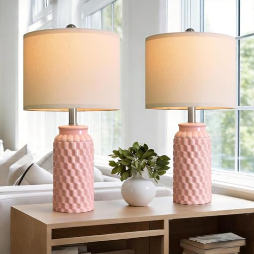 Image of USumkky 20.5" Pink Table Lamps Set of 2,Modern Farmhouse Bedside Lamps - Ceramic Nightstand Lamps for Bedroom,Boho Living Room End Tables,Small Office Desk Lamp