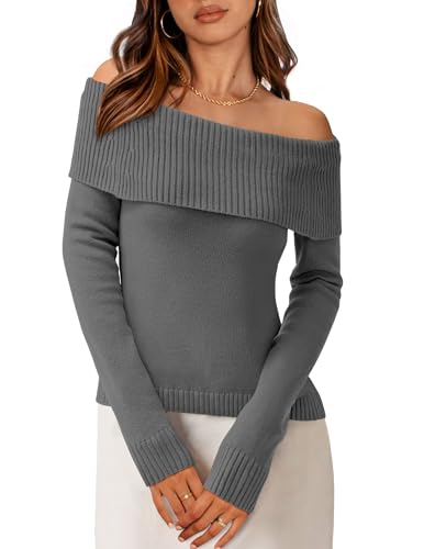 PRETTYGARDEN Off The Shoulder Sweater for Women 2025 Fall Fashion Cute Long Sleeve Tops Winter Ribbed Pullover Knit Outfits